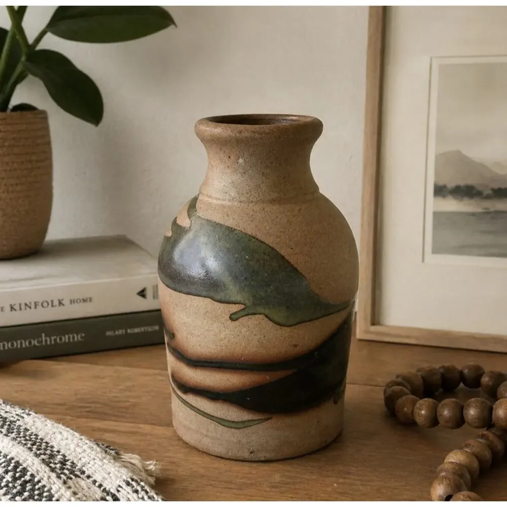 Vtg Alfadom Stoneware Vase Drip Glaze Signed Dominican Studio Pottery Earth Tone